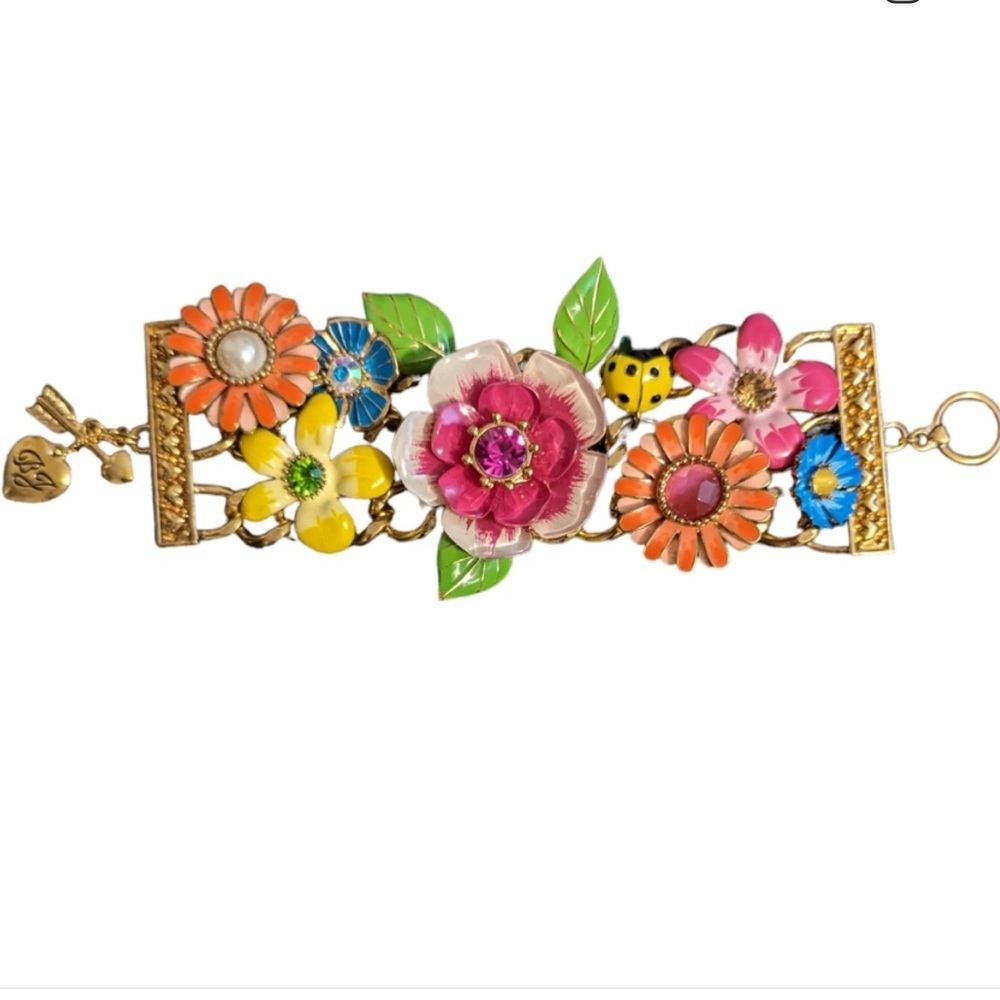 Betsey Johnson Garden Party articulating enamel floral gold chain bracelet